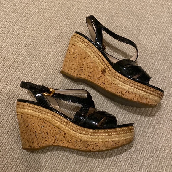 Prada Patent Leather Cork Wedge Sandals - Picture 3 of 10